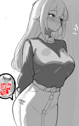 Rule 34 | 1girl, absurdres, arms behind back, breasts, censored, closed mouth, collared shirt, condom, condom wrapper, cowboy shot, greyscale, high-waist pants, highres, large breasts, long hair, long sleeves, looking to the side, mini2chainz, mole, mole under eye, monochrome, mosaic censoring, pants, shirt, shirt tucked in, solo, venus (zenless zone zero), zenless zone zero
