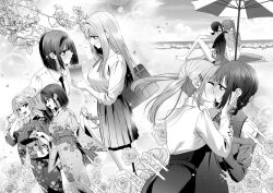 2girls alternate_hairstyle beach beach_umbrella blush closed_eyes collared_shirt commentary cup disposable_cup dress english_commentary floral_print floral_print_kimono flower greyscale hair_ornament hairband hairclip holding holding_cup japanese_clothes jovei kimono kiss long_hair long_sleeves looking_at_another monochrome multiple_girls nail_polish obi one-piece_swimsuit open_mouth outdoors pleated_skirt print_kimono rose saotome_shino_(shino_to_ren) sash school_uniform shino_to_ren shirayuki_ren shirt short_hair skirt smile sparkle swimsuit twintails umbrella yuri