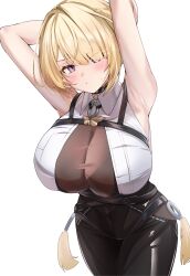 Rule 34 | 1girl, black pants, blonde hair, breasts, chest harness, commentary request, evelyn chevalier, hair up, harness, high-waist pants, highres, korean commentary, large breasts, necktie, pants, purple eyes, simple background, solo, tight clothes, tight pants, white background, yahan (mctr5253), yellow necktie, zenless zone zero