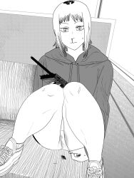 Rule 34 | 1girl, blood, chainsaw man, female pubic hair, fujimoto tatsuki (style), greyscale, highres, holding, holding walkie-talkie, hood, hoodie, knees up, looking at viewer, monochrome, nanami toga, nosebleed, panties, pubic hair, pubic hair peek, sawatari akane (chainsaw man), shoes, short hair, slit pupils, sneakers, solo, sweatdrop, underwear, walkie-talkie