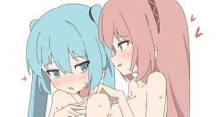 Rule 34 | 2girls, blue eyes, blue hair, blush, breast press, breasts, brown hairband, commentary request, giryu, hairband, hand on another&#039;s shoulder, hatsune miku, heart, large breasts, long hair, looking at another, megurine luka, multiple girls, nude, open mouth, pink hair, simple background, sweat, twintails, upper body, vocaloid, white background, yuri