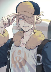 Rule 34 | 1boy, arm up, belt buckle, blue eyes, buckle, newsboy cap, collarbone, crew neck, elemoncake, fur-trimmed collar, fur-trimmed sleeves, fur trim, ginkgo guild uniform, grin, hair over one eye, hand on own hat, hat, highres, long sleeves, looking at viewer, male focus, multicolored hat, nintendo, one eye covered, pokemon, pokemon legends: arceus, simple background, smile, solo, teeth, upper body, volo (pokemon), white background, yellow fur