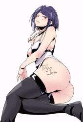 1girl artist_name ass bare_shoulders black_hair black_thighhighs boku_no_hero_academia breasts facial_mark grey_eyes jiro_kyoka looking_at_viewer open_mouth relaxjon short_hair small_breasts solo teeth thighhighs upper_teeth_only white_background