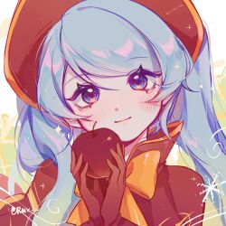1girl absurdres apple blush bow bowtie brown_gloves closed_mouth food fruit gloves grey_background hands_up highres holding holding_food holding_fruit league_of_legends long_hair looking_at_viewer orange_bow orange_bowtie portrait apple red_headwear ruan_chen_yue signature silent_night_sona smile solo sona_(league_of_legends) yellow_background