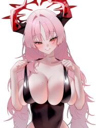 1girl absurdres agnamore black_one-piece_swimsuit blue_archive blush breasts breasts_squeezed_together collarbone covered_navel demon_horns halo highres horns large_breasts looking_at_viewer mole mole_on_breast one-piece_swimsuit pink_hair red_halo red_horns satsuki_(blue_archive) simple_background skindentation smile solo swimsuit white_background yellow_eyes