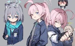 Rule 34 | 4girls, absurdres, ahoge, animal ear fluff, animal ears, ayane (blue archive), black gloves, black jacket, black vest, blazer, blue archive, blue eyes, blue necktie, blue scarf, blush, closed mouth, cross hair ornament, extra ears, fingerless gloves, glasses, gloves, green halo, grey background, grey hair, hair between eyes, hair ornament, halo, highres, hoshino (blue archive), hoshino (first year) (blue archive), hoshino (second year) (blue archive), hoshino (young) (blue archive), jacket, long hair, medium hair, multiple girls, necktie, nonomi (blue archive), open clothes, open jacket, open mouth, pointy ears, ponytail, red-framed eyewear, scarf, shiroko (blue archive), shiroko (young) (blue archive), short hair, simple background, smile, somray, vest, wolf ears, yellow eyes