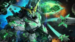 absurdres asteroid battle company_name copyright_notice energy energy_field explosion funnels_(gundam) glowing glowing_eyes gundam gundam_battle_operation_2 gundam_unicorn highres machinery mecha mecha_focus mobile_suit nebula painting_(medium) realistic robot scan science_fiction solo space spoilers star_(sky) sunrise_(company) tenjin_hidetaka traditional_media unicorn_gundam v-fin