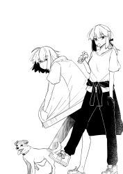 2girls ahoge alternate_costume animal artoria_pendragon_(fate) clothes_around_waist contemporary crocs dog eating fate/grand_order fate_(series) greyscale hands_in_pockets highres hood hoodie jack_russell_terrier jacket jeanne_d&#039;arc_alter_(fate) looking_at_viewer monochrome multiple_girls nonoitou110 pants ponytail saber_alter shirt shoes short_hair shorts sidelocks