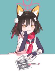 1girl absurdres animal_ear_fluff animal_ears black_gloves black_hair blue_archive closed_mouth fox_ears fox_hair_ornament gloves hair_ornament halo head_rest highres holypotato0 izuna_(blue_archive) looking_at_viewer neckerchief paper partially_fingerless_gloves photo_(object) pom_pom_(clothes) pom_pom_hair_ornament pregnancy_test red_halo red_neckerchief red_scarf scarf short_hair smile solo yellow_eyes