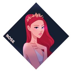 Rule 34 | 1girl, artist name (singer), black eyeliner, blackpink, chalseu, commentary, dress, english commentary, eyeliner, flower wreath, k-pop, long hair, looking at viewer, makeup, parted lips, pink lips, real life, red hair, rose (blackpink), solo, upper body, white dress