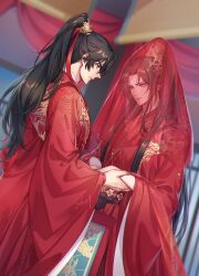 2boys absurdres artist_name black_hair brown_hair chinese_clothes chinese_wedding chu_wanning clenched_teeth commentary cowboy_shot dragon_print erha_he_tadebai_mao_shizun floral_print furrowed_brow grey_eyes hanfu high_ponytail highres holding_another&#039;s_wrists honggaitou indoors long_hair long_sidelocks long_sleeves looking_ahead looking_at_another male_focus mo_ran multiple_boys ponytail purple_eyes red_hanfu red_ribbon red_sash ribbon ribboned_xiao_guan sash sidelocks symbol-only_commentary teeth veil wide_sleeves xiao_guan_(headdress) yaoi zehel_az
