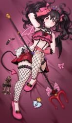 1girl absurdres action_figure bandeau bionicle black_hair blush bow character_request commentary cosmetics fishnet_thighhighs fishnets frilled_bandeau frilled_skirt frills from_above gloves hair_between_eyes hair_bow high_heels highres knee_up krakelak lipstick_tube long_hair looking_at_viewer love_live! love_live!_school_idol_festival_all_stars love_live!_school_idol_project lying miniskirt official_alternate_costume on_back on_bed pink_bandeau pink_bow pink_gloves pink_shoes polearm red_eyes red_skirt ribbed_gloves shoes skirt solo stomach the_lego_group thighhighs tiara trident twintails unworn_bow weapon yazawa_nico yazawa_nico_(my_sweet_devil)