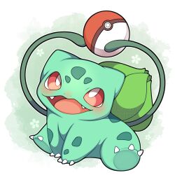 Rule 34 | absurdres, animal focus, blush, bulbasaur, claws, gen 1 pokemon, highres, holding, looking up, nintendo, no humans, open mouth, poke ball, poke ball (basic), pokemon, pokemon (creature), red eyes, sevi (seviyummy), signature, sitting, smile