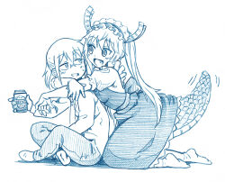 2girls bbb_(friskuser) beer_can blue_theme can dragon_girl dragon_horns dragon_tail drink_can eye_contact fang full_body horns hug hug_from_behind indian_style kneeling kobayashi-san_chi_no_maidragon kobayashi_(maidragon) large_tail long_hair looking_at_another maid maid_headdress monochrome multiple_girls pants sitting smile tail tohru_(maidragon) twintails