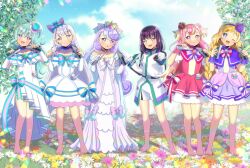 Rule 34 | 6+girls, :d, ;d, bare shoulders, barefoot, black hairband, blonde hair, blue eyes, blue sky, bow, brown hair, capelet, character request, closed mouth, cloud, collarbone, commentary request, commission, crossover, crown, cure friendy, cure lillian, cure nyammy, cure wonderful, day, dress, elbow gloves, flower, gloves, grey hair, hairband, holding, inukai iroha, inukai komugi, jacket, kou hiyoyo, mini crown, multicolored hair, multiple girls, nekoyashiki mayu, nekoyashiki yuki, nico-sama, off-shoulder dress, off shoulder, one eye closed, open mouth, outdoors, pink dress, pink flower, pink hair, precure, purple capelet, purple dress, purple eyes, purple hair, shinkalion (series), shinkansen henkei robo shinkalion, shorts, skeb commission, sky, smile, standing, striped bow, tilted headwear, two-tone hair, white dress, white flower, white gloves, white jacket, white shorts, wonderful precure!, yellow flower