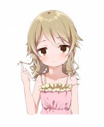 Rule 34 | 10s, 1girl, bare shoulders, blush, caracorn, collarbone, drill hair, female focus, hand in own hair, idolmaster, idolmaster cinderella girls, light brown hair, looking at viewer, morikubo nono, orange eyes, short hair, simple background, solo, strap slip, water, wet, white background