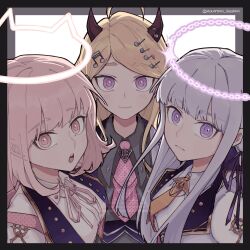 3girls :o ahoge akamatsu_kaede alternate_costume artist_name black_ribbon blonde_hair blush brown_hair collared_shirt danganronpa:_trigger_happy_havoc danganronpa_(series) danganronpa_2:_goodbye_despair danganronpa_v3:_killing_harmony demon_horns hair_ribbon halo highres horns kirigiri_kyoko long_hair medium_hair mountain_squeak multiple_girls nanami_chiaki neck_ribbon pink_eyes pink_ribbon ribbon shirt smile white_shirt