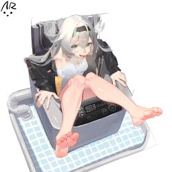 1girl @_@ barefoot firefly_(honkai:_star_rail) highres honkai:_star_rail honkai_(series) legs long_hair silver_hairband soles solo stelle_(honkai:_star_rail) toes trailblazer_(honkai:_star_rail) trapped v.a._(vanilla) washing_machine