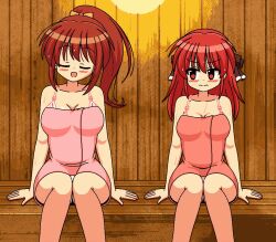 2girls animated animated_gif bra breasts brown_eyes brown_hair cleavage indoors long_hair looking_at_another multiple_girls navel nodoame57 original panties pink_bra pink_panties ponytail red_eyes red_hair sauna sitting spread_legs sweat towel towel_over_breasts underwear wardrobe_malfunction