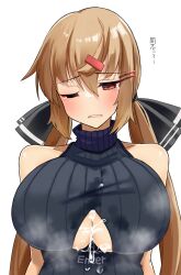 1girl black_bow black_sweater blush bow breasts brown_eyes brown_hair cleavage cleavage_cutout clothing_cutout hair_between_eyes hair_bow hair_ornament hairclip highres kantai_collection komb large_breasts long_hair low_twintails one_eye_closed open_mouth ribbed_sweater simple_background sleeveless sleeveless_sweater solo sweater tashkent_(kancolle) turtleneck turtleneck_sweater twintails upper_body white_background