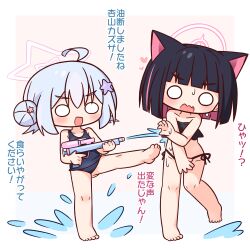 2girls :d ahoge animal_ears barefoot bikini black_bikini black_hair blue_archive blue_hair blue_one-piece_swimsuit blush cat_ears cat_girl chibi chibi_only colored_inner_hair commentary_request full_body hair_bun hair_ornament halo hana_kazari heart highres holding holding_water_gun kazusa_(blue_archive) multicolored_hair multiple_girls o_o one-piece_swimsuit open_mouth outstretched_leg pink_hair pink_halo reisa_(blue_archive) short_hair side-tie_bikini_bottom smile standing star_(symbol) star_hair_ornament swimsuit translation_request water water_gun