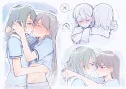 2girls absurdres bang_dream! bang_dream!_it&#039;s_mygo!!!!! black_hair blue_shirt blush brown_hair can closed_eyes clothes_lift commentary_request eye_contact french_kiss hanasakigawa_school_uniform highres holding holding_can hug kiss lifting_another&#039;s_clothes long_hair looking_at_another medium_hair multiple_girls open_mouth pleated_skirt purple_eyes sailor_collar school_uniform shiina_taki shirt shirt_lift short_hair skirt sweat tenrouza_ray white_sailor_collar white_skirt yahata_umiri yuri
