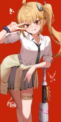 1girl absurdres ahoge baseball baseball_bat blonde_hair clothes_around_waist commentary_request crossed_bangs feet_out_of_frame grey_skirt hair_between_eyes hair_ornament highres hijo_(nakare2845) jacket jacket_around_waist jewelry looking_at_viewer luciana_de_montefio metal_baseball_bat miniskirt pleated_skirt red_eyes school_uniform scrunchie shirt side_ponytail simple_background skirt sleeves_rolled_up solo standing thighlet v v_over_eye white_shirt wrist_scrunchie yellow_jacket zenless_zone_zero