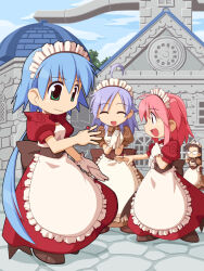 Rule 34 | 4girls, ahoge, apron, blue hair, blue sky, brown dress, brown hair, brown sash, brown shoes, building, chibi, chibi only, closed eyes, closed mouth, cloud, cobblestone, dorothy (ragnarok online), dress, frilled apron, frills, full body, glasses, gloves, in-universe location, jewelry, kafra uniform, key visual, leilah (ragnarok online), long hair, looking at another, low ponytail, maid, maid headdress, medium hair, multiple girls, official art, opaque glasses, open mouth, outdoors, pavianne (ragnarok online), pink hair, ponytail, promotional art, puffy short sleeves, puffy sleeves, purple hair, ragnarok online, ragnarok online kafra quest, ring, riria (ragnarok online), shoes, short sleeves, sky, smile, standing, third-party source, very long hair, white apron, white gloves, yuichirou