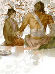1boy 1girl ashina_genichirou bandaged_arm bandaged_torso bandages black_hair character_request check_character closed_mouth emma_the_gentle_blade hashtag-only_commentary highres scar seiza sekiro:_shadows_die_twice sitting tokaoioi1