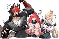 Rule 34 | 1boy, 2girls, ^^^, alice thymefield, animal ears, arm up, bandaged arm, bandages, black hair, blank eyes, blonde hair, blush, bow, bowtie, breasts, caseee999, choker, constricted pupils, covered pectorals, cropped torso, earrings, empty eyes, fingerless gloves, gloves, height difference, heterochromia, highres, jewelry, komano manato, large breasts, large pectorals, long hair, long sleeves, looking at another, looking to the side, multicolored hair, multiple girls, muscular, muscular male, nose blush, pectoral cleavage, pectorals, red eyes, red hair, scar, scar on chest, shirt, short hair, shoulder spikes, simple background, skirt, spikes, surprised, sweater, translation request, twintails, two-tone hair, ukinami yuzuha, upper body, v-shaped eyebrows, very long hair, white background, yellow eyes, zenless zone zero