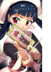 1girl black_shirt blue_hair card cardcaptor_sakura episode_number floating_hair hat heart highres holding holding_card index_finger_raised li_meiling li_syaoran long_sleeves looking_at_viewer nzeneee red_eyes sailor_collar sailor_shirt school_uniform shirt short_hair solo tomoeda_elementary_school_uniform twintails upper_body white_hat white_sailor_collar
