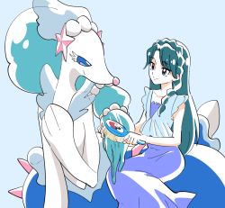 1girl blue_background blue_dress blue_eyes blue_hair brushing_hair collarbone cure_mermaid dress gen_7_pokemon go!_princess_precure hair_brush hand_in_another&#039;s_hair haru_283 long_hair looking_at_viewer nintendo pearl_hair_ornament poke_ball_print pokemon pokemon_(creature) precure primarina smile tail