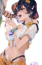 1boy 1girl absurdres after_ejaculation after_fellatio bar_censor belle_(summer_skies)_(zenless_zone_zero) belle_(zenless_zone_zero) bikini bikini_under_clothes black_hat black_nails blue_hair breasts bucket_hat censored covered_erect_nipples crossed_bangs cum cum_on_body cum_on_headwear earrings facial green_eyes hair_between_eyes hair_ornament hat hetero highres incest jewelry kurotsuki_machi large_breasts letter_hair_ornament low_twintails male_pubic_hair nipples official_alternate_costume official_alternate_hairstyle orange_bikini orange_shorts penis pubic_hair see-through_clothes see-through_shirt shirt short_hair shorts siblings swimsuit tied_shirt tongue tongue_out twintails white_background white_shirt wise_(peaceful_waves)_(zenless_zone_zero) wise_(zenless_zone_zero) zenless_zone_zero