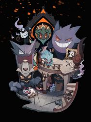 black_background chandelure cofagrigus commentary crack creatures_(company) dusknoir duskull fence game_freak gastly gen_1_pokemon gen_2_pokemon gen_3_pokemon gen_4_pokemon gen_5_pokemon gen_6_pokemon gen_7_pokemon gengar gourgeist grin haunter highres hisuian_zorua lanjiujiu legendary_pokemon litwick marshadow mimikyu misdreavus mythical_pokemon nintendo no_humans orange_eyes phantump pillar pokemon pokemon_(creature) pumpkaboo shuppet smile stairs teeth yamask