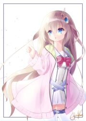 Rule 34 | 1girl, 9-nine-, :o, belt, blue eyes, blush, border, bow, bowtie, brown hair, buttons, cardigan, clenched hand, commentary request, cowboy shot, double-breasted, dress, eijunesound, eyes visible through hair, gear hair ornament, grey belt, hair between eyes, hair ornament, hakusen academy school uniform, hand up, highres, kujou miyako, long hair, long sleeves, looking to the side, open cardigan, open clothes, open mouth, outside border, pink cardigan, raised eyebrows, red bow, red bowtie, school uniform, short dress, sidelighting, sidelocks, signature, simple background, solo, star (symbol), star print, thighhighs, very long hair, white background, white border, white dress, white thighhighs, wide sleeves, wing hair ornament, zettai ryouiki