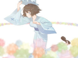 Rule 34 | 1girl, :o, bare legs, barefoot, black hair, blue eyes, breasts, collarbone, feet, floral print, flower, frilled hat, frills, full body, hat, highres, holding, holding unworn clothes, holding unworn hat, japanese clothes, kimono, long sleeves, looking to the side, marsirome, medium breasts, obi, sandals, sash, shiina mayuri, short hair, solo, steins;gate, thighs, toes, unworn hat, unworn headwear, white background, wide sleeves, yukata