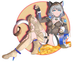 1girl absurdres animal_ear_fluff animal_ears black_gloves black_leotard blue_eyes boots breasts cat_ears cat_girl cat_tail cipher_(honkai:_star_rail) cleavage coin commentary_request fingerless_gloves gloves gold_boots gold_coin grey_hair high_heel_boots high_heels highres holding holding_coin honkai:_star_rail honkai_(series) large_breasts leotard mole mole_on_breast qianjiaqiuhao short_hair_with_long_locks simple_background sitting solo tail thigh_boots thighs treasure white_background