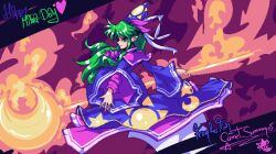 Rule 34 | 1girl, artist name, bow, breasts, capelet, character name, comet summoner98, crescent, dress, fire, from behind, ghost tail, green eyes, green hair, hair bow, hat, highres, holding, holding staff, long hair, long sleeves, mage staff, mima (touhou), pixel art, purple bow, purple wings, ribbon, skirt, smile, solo, staff, star (symbol), sun symbol, touhou, touhou (pc-98), wings, witch hat, wizard hat