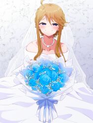 1girl absurdres ahoge blue_eyes blue_flower blue_rose blush bouquet bridal_veil brown_hair clark_grimms collarbone commentary_request dress flower highres holding holding_bouquet idolmaster idolmaster_million_live! jewelry looking_at_viewer necklace off-shoulder_dress off_shoulder partial_commentary pearl_necklace rose sidelocks smile solo tokoro_megumi veil wedding_dress white_dress