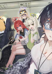 6+girls absurdres ahoge black_hair blonde_hair blue_archive blush breasts chihiro_(blue_archive) cleavage grey_hair halo hare_(blue_archive) hibiki_(blue_archive) highres kokukyukeo kotama_(blue_archive) kotori_(blue_archive) large_breasts looking_at_viewer maki_(blue_archive) mask mask_on_head multiple_girls red_hair sitting sleep_mask sleeping smile train_interior v v_over_mouth veritas_(blue_archive)