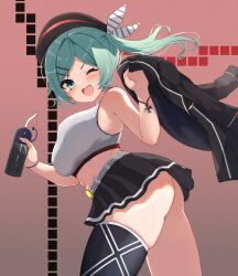 1girl ;d absurdres ass azur_lane bare_shoulders belt black_hat black_skirt blue_eyes bottle breasts crop_top cross green_eyes green_hair hair_ornament hair_ribbon hairclip hand_up hands_up happy hat highres holding holding_bottle holding_jacket holding_unworn_clothes iron_cross jacket large_breasts leaning_forward long_hair looking_at_viewer looking_back midriff miniskirt navel one_eye_closed open_mouth pleated_skirt ribbon side_ponytail single_thighhigh skirt sleeveless smile solo standing striped_ribbon teeth thighhighs thighs unworn_jacket upper_teeth_only upskirt yuu_cream z20_karl_galster_(azur_lane)