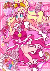 1girl absurdres aqua_eyes bare_legs blonde_hair boots bottle bow bowtie bright_pupils castle commentary_request cure_flora dress earrings eyelashes flower flower_earrings footwear_flower frilled_dress frilled_gloves frills full_body gloves go!_princess_precure gold_tiara gradient_hair hair_bun hand_on_own_chest haruno_haruka high_heel_boots high_heels highres hitode_fish jewelry light_blush long_dress long_hair looking_at_viewer magical_girl multicolored_hair open_mouth outline perfume_bottle pink_background pink_bow pink_bowtie pink_dress pink_flower pink_hair pink_theme precure single_hair_bun smile solo streaked_hair striped_background tareme two-tone_hair very_long_hair waist_bow wavy_hair white_boots white_gloves white_outline white_pupils