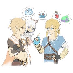 +_+ 1girl 2boys absurdres aether_(genshin_impact) ahoge armor belt black_gloves black_scarf blonde_hair blue_eyes blue_tunic boned_meat bottle braid brown_belt brown_gloves brown_shirt censored champion&#039;s_tunic_(zelda) closed_mouth crossover crystal_hair_ornament drooling elixir fingerless_gloves fingernails food gauntlets genshin_impact gloves hair_between_eyes hair_ornament halo hand_on_own_hip hand_up highres holding index_finger_raised layered_sleeves link long_hair long_sleeves looking_at_another low_ponytail meat mechanical_halo midriff mosaic_censoring multiple_boys navel nihon_no_hentai nintendo open_mouth orange_eyes paimon_(genshin_impact) pointy_ears ponytail puffy_long_sleeves puffy_sleeves purple_eyes scarf shirt short_hair short_over_long_sleeves short_ponytail short_sleeves shoulder_armor simple_background smile speech_bubble star_(symbol) sweatdrop teeth the_legend_of_zelda the_legend_of_zelda:_breath_of_the_wild thought_bubble tunic v-shaped_eyebrows white_background white_hair white_romper white_scarf white_shirt