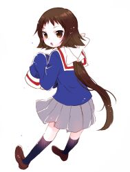 Rule 34 | 1girl, black socks, blue shirt, brown eyes, brown hair, brown shoes, grey skirt, loafers, long hair, looking back, mikakunin de shinkoukei, mitsumine mashiro, open mouth, pleated skirt, ponytail, school uniform, shirt, shoes, skirt, sleeves past fingers, sleeves past wrists, socks, solo, tarabagani