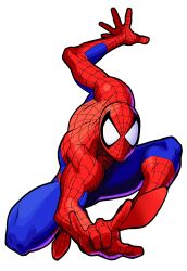 1990s_(style) 1boy \m/ absurdres bengus blue_bodysuit bodysuit full_body game_cg highres knees_up male_focus marvel marvel_super_heroes_vs._street_fighter marvel_vs._capcom mask non-web_source official_art outstretched_arm outstretched_hand print_bodysuit red_bodysuit retro_artstyle simple_background solo spider-man spider-man_(series) spider_web_print superhero_costume two-tone_bodysuit western_comics_(style) white_background