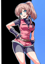 Rule 34 | 1girl, belt, bike shorts, blue eyes, blush, breasts, brown hair, claire redfield, denim, fingerless gloves, gloves, highres, jacket, knife, looking at viewer, open mouth, ponytail, resident evil, resident evil 2, shorts, smile, solo, tukiwani