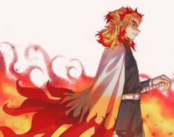 1boy arm_at_side belt closed_mouth embers fire forked_eyebrows from_side halorane hand_on_hilt highres kimetsu_no_yaiba male_focus multicolored_hair ponytail red_eyes rengoku_kyoujurou solo sword weapon white_background white_belt