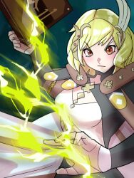 1girl alternate_costume blonde_hair book breasts casting_spell citrinne_(fire_emblem) fire_emblem fire_emblem_engage highres holding holding_book looking_at_viewer medium_breasts mnejing30 nintendo red_eyes sage_outfit_(fire_emblem_engage) solo thunder