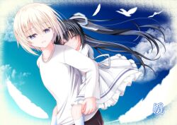 1boy 1girl :d absurdres aged_down black_hair blonde_hair blue_eyes blue_sky blush carrying child closed_eyes cloud collarbone commentary_request commission cowboy_shot day dress falling_feathers feathers feet_out_of_frame floating_hair frilled_dress frills hair_ribbon highres honma_misuzu kneehighs long_hair long_sleeves looking_at_another looking_back medium_hair natsume_kei_(sakura_no_uta) open_mouth outdoors parted_lips piggyback ribbon sakura_no_toki sakura_no_uta shirt signature skeb_commission sky sleeping smile socks tamamo_(1_tamamo) twintails very_long_hair white_dress white_feathers white_ribbon white_shirt white_socks wind