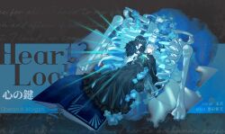 1boy 1girl absurdres black_dress black_gloves black_hair blue_flower book burning burning_paper closed_eyes dress english_text fate/grand_order fate_(series) flower fur_trim gloves hair_between_eyes highres long_hair morgan_le_fay_(fate) oberon_(fate) oberon_(third_ascension)_(fate) petals ribs short_hair skeleton white_hair yebeiming
